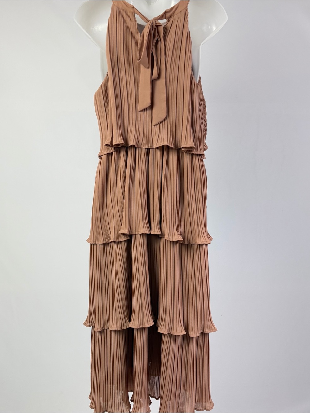 Tiered Pleated High-Low Dress with Neck Tie - Tan